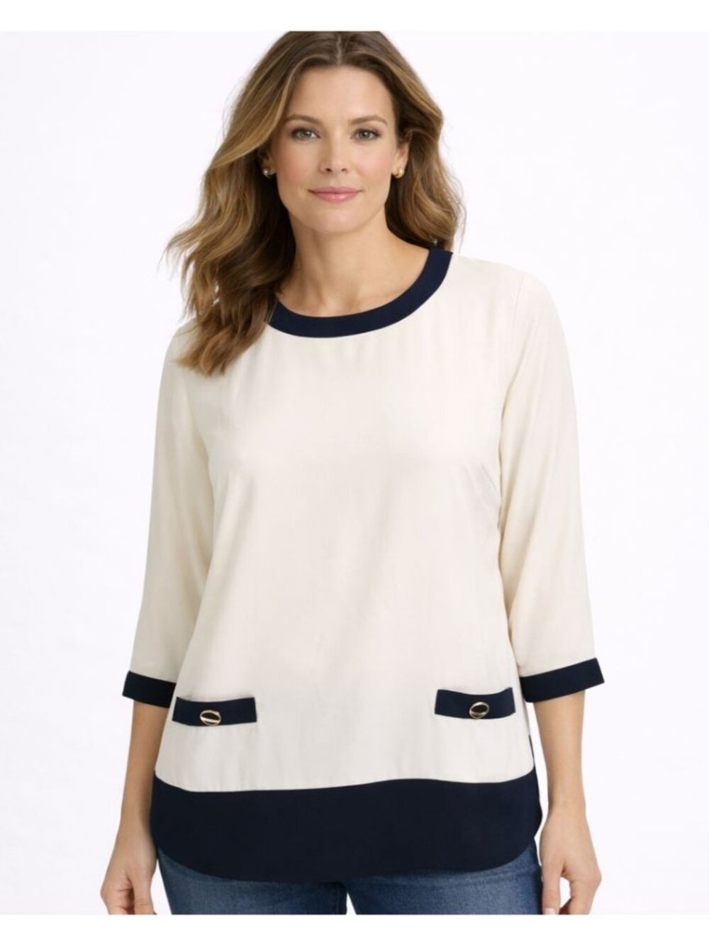NEW Talbots Womens Career Top White Navy Blue Trim Button Plus Size X | 12-14